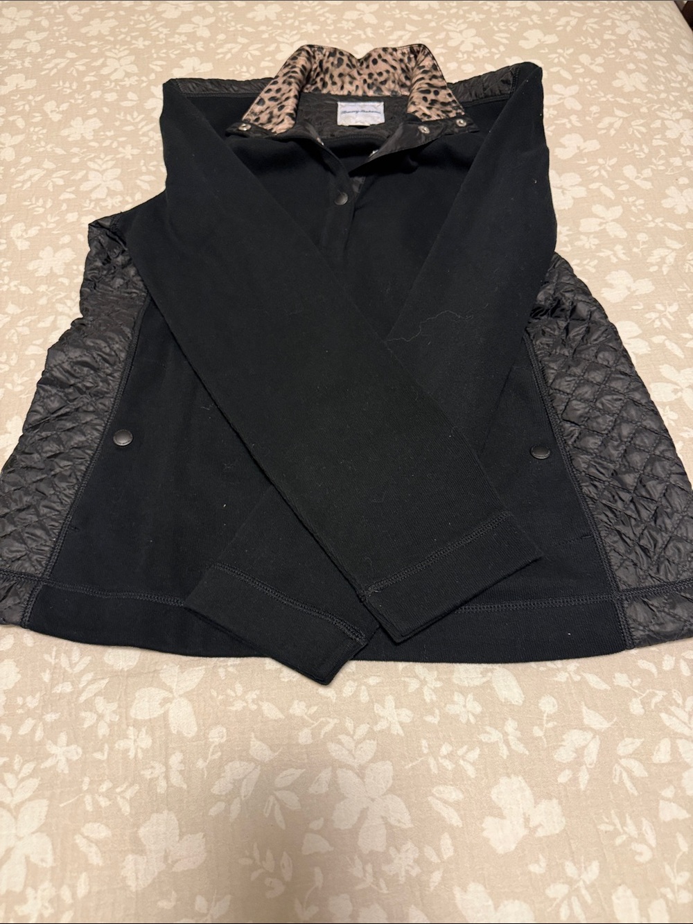 Tommy Bahama Black Utility Jacket with Leopard-Print Collar Accent